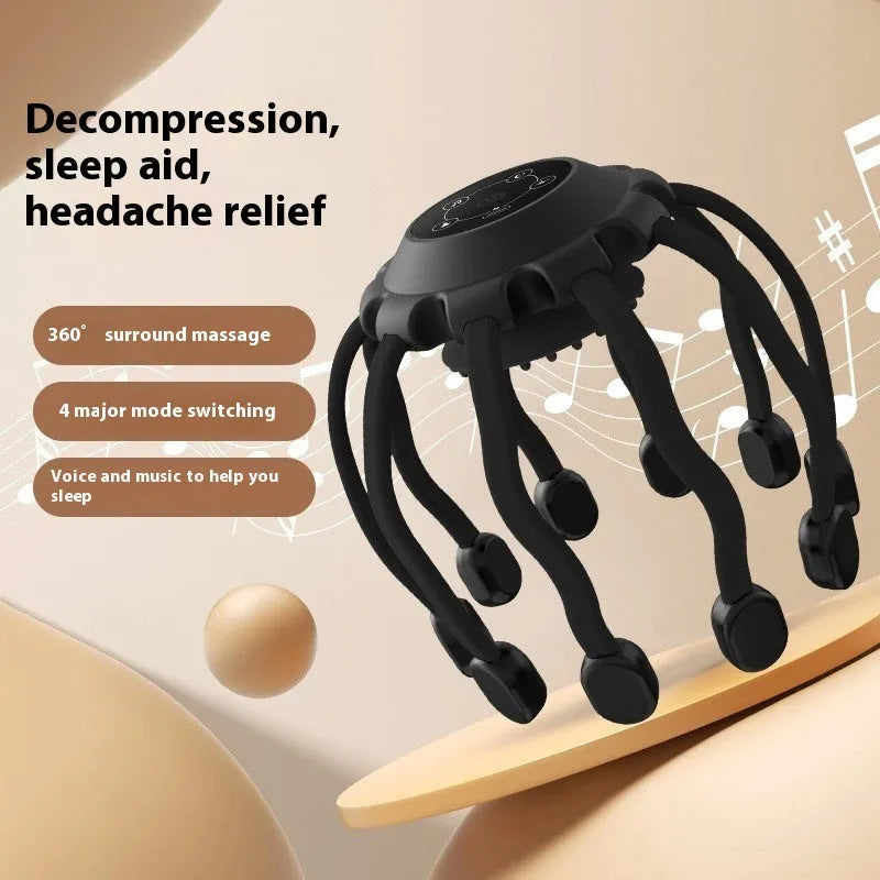 Black or white USB head massager with multiple vibrating claws for scalp relaxation.