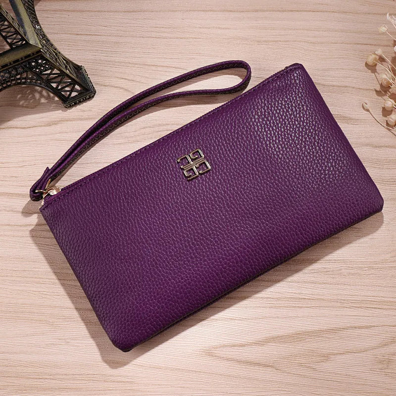 Long 55-inch PU leather phone wallet handbag with zipper, shown in a choice of colours.