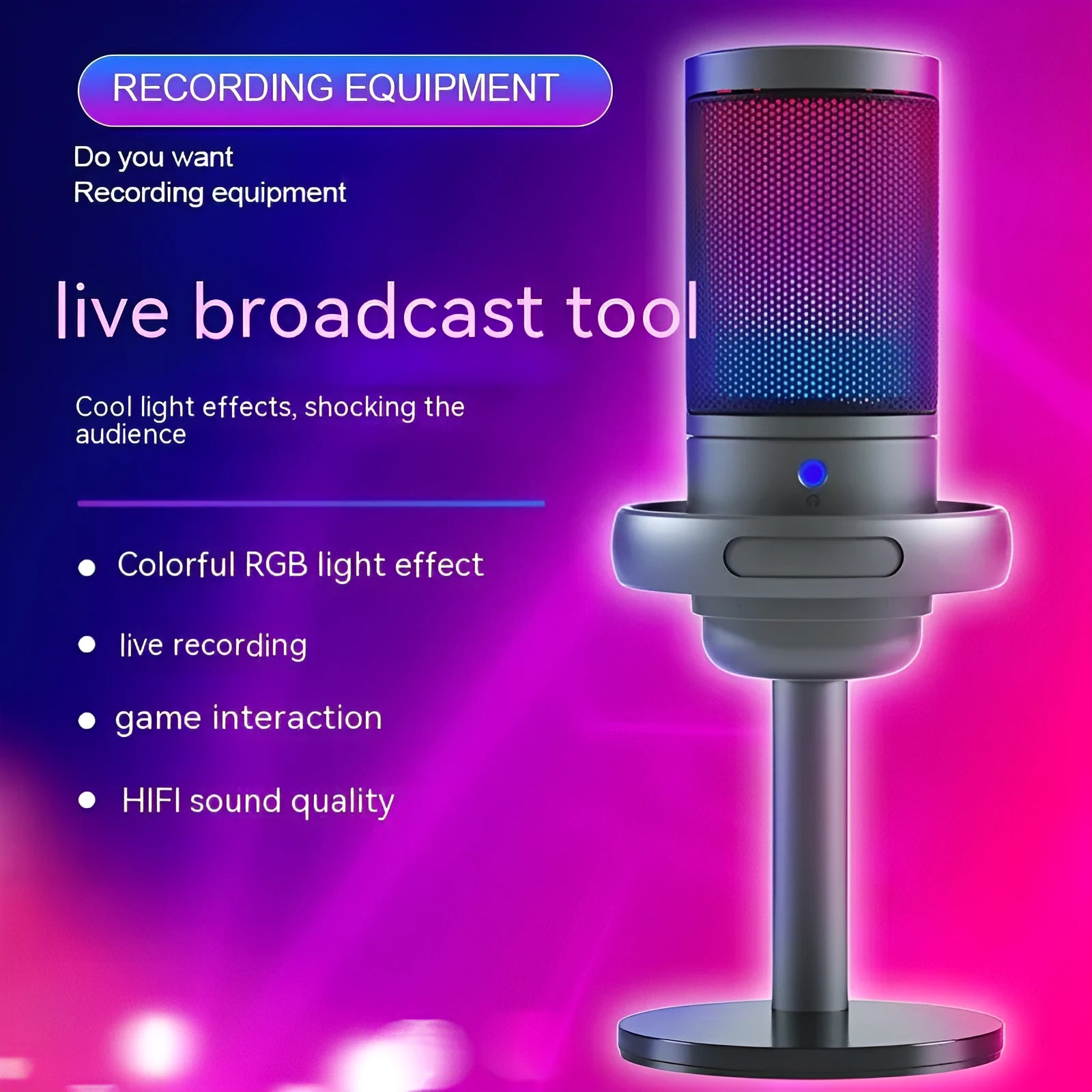 RGB condenser microphone for computer recording with black, white, and pink colour options