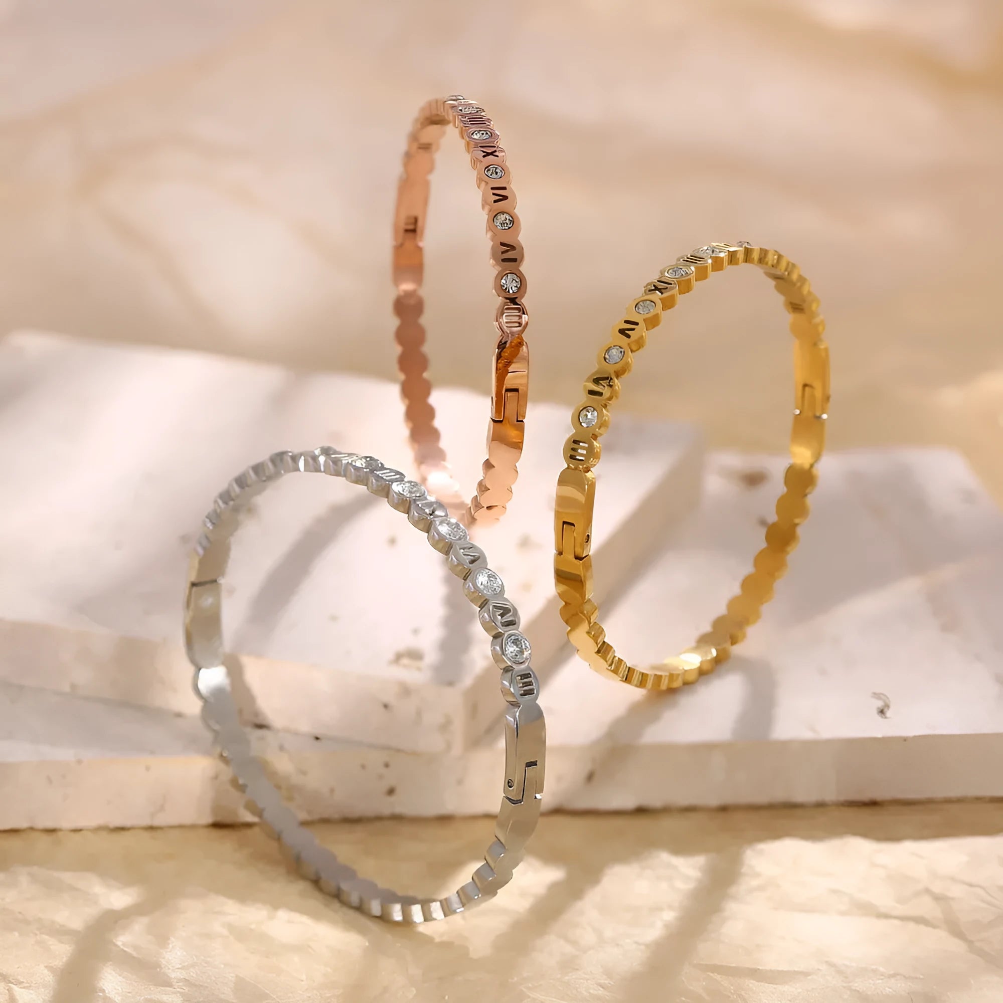 Titanium steel Korean style bracelet with numbers motif in gold, rose gold, or steel colour finish