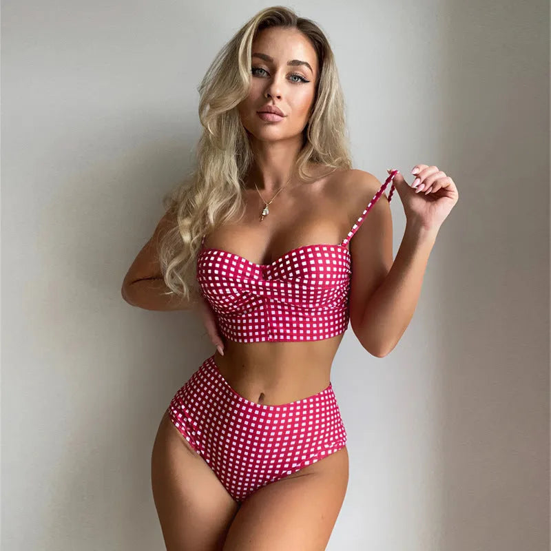 Women's plaid high-waist bikini swimsuit in rose red, black, blue, and sky blue