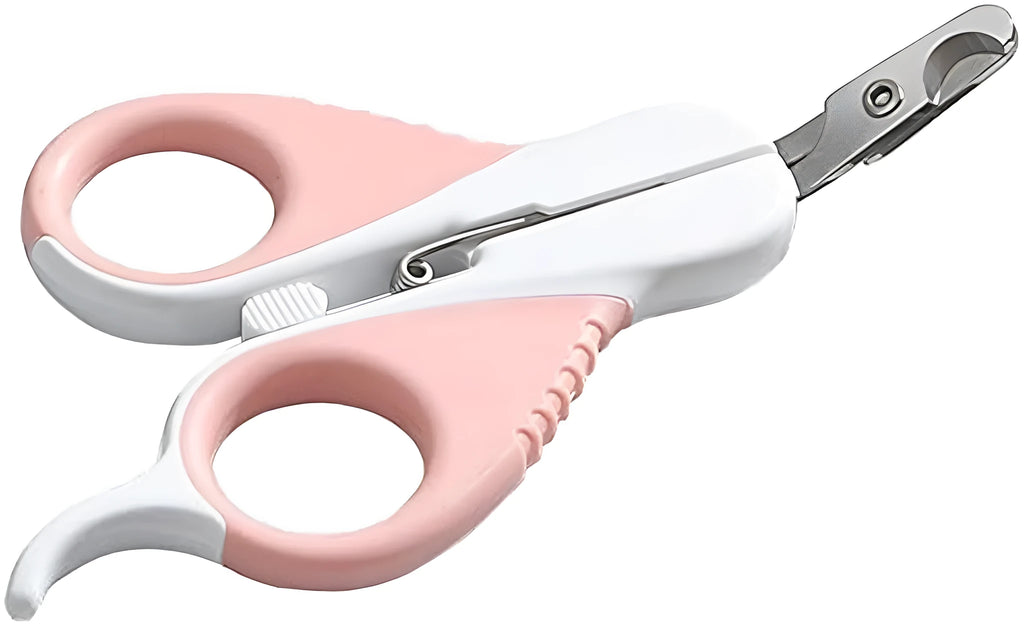 Cat nail clippers with angled stainless steel blade and safety lock in grey or pink