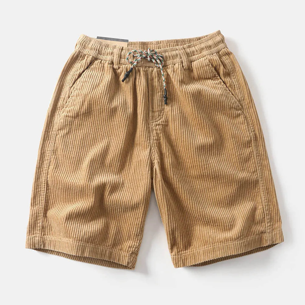 Men's khaki cargo shorts with multiple pockets showing straight leg fit