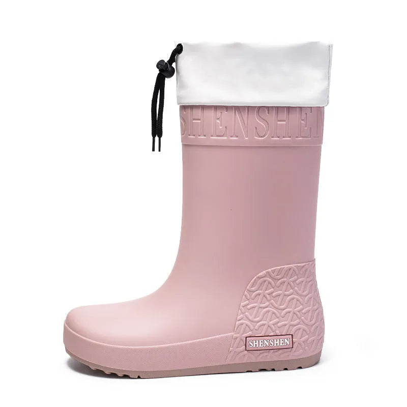 Women's PVC rain boots in non-slip wear-resistant design showing four colour options