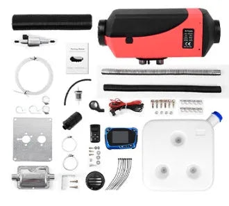 Diesel air heater unit with fuel tank, pump, pipes, and wiring for truck or van installation.