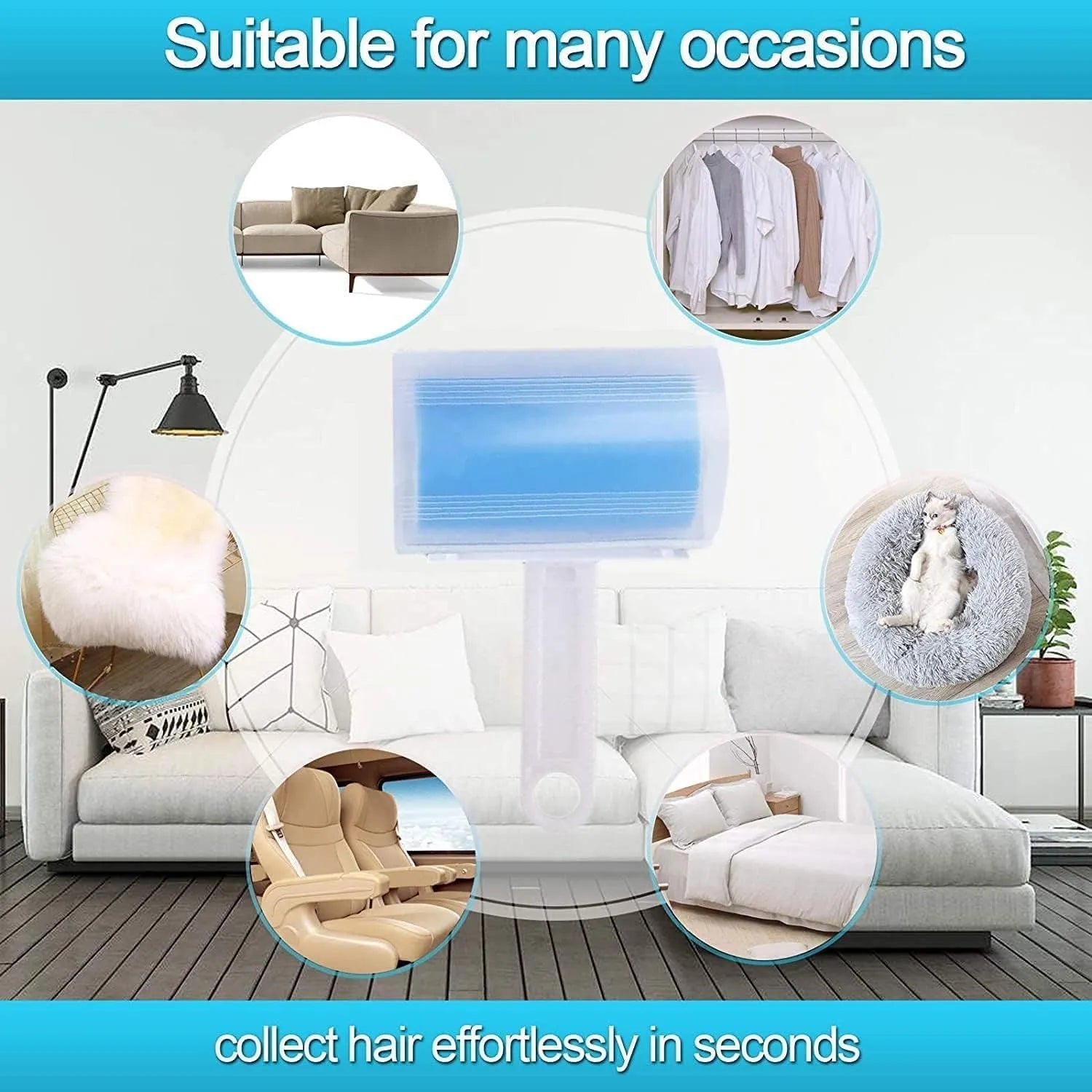 Blue reusable washable lint roller with cover for removing pet hair from clothes and furniture.