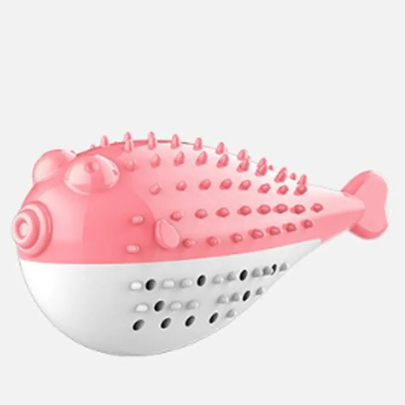 Blue silicone fish-shaped cat chew toy with a protruding grabbing handle on a white background.
