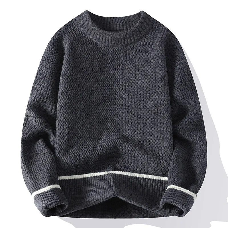 Grey men's loose fit round neck long sleeve pullover sweater for casual autumn wear.