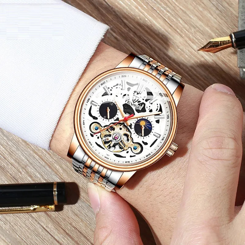 Men's black tourbillon mechanical watch with luminous hands on stainless steel bracelet