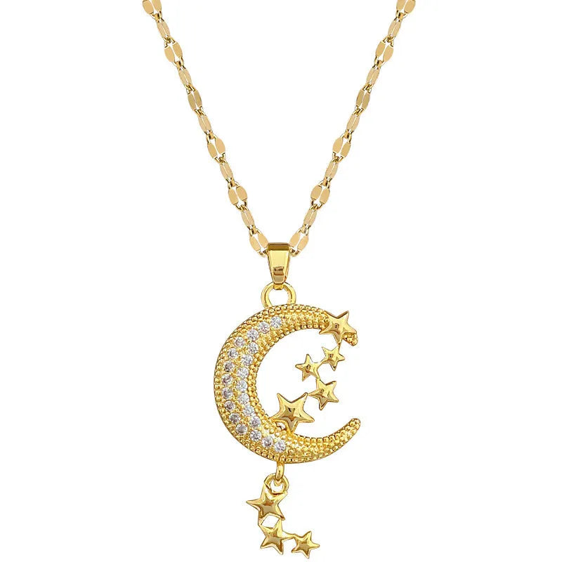 Moon tassel necklace with geometric chain and diamond decoration in stainless steel and copper
