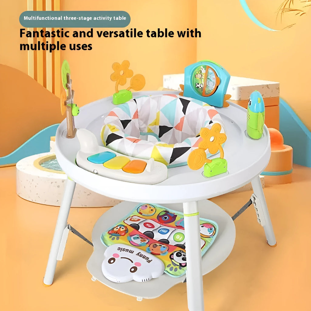 Baby jumping chair gymnastic rack with interactive toys in duck or lion theme models.
