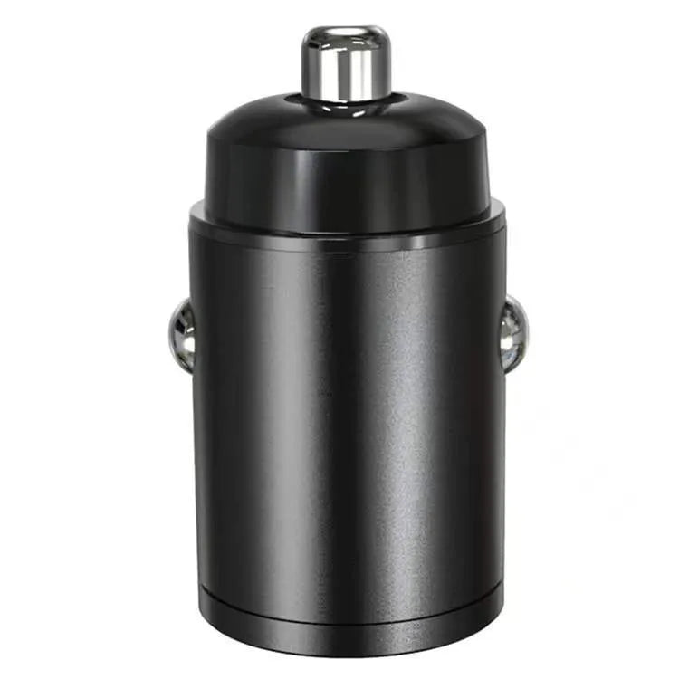 Black car cigarette lighter charger with dual USB ports and voltage display measuring 45x20.7mm