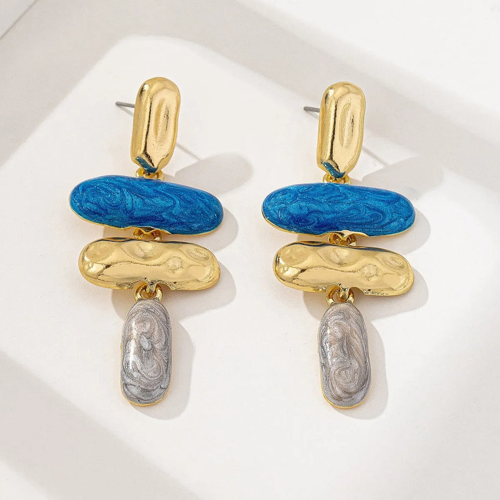 Geometric zinc alloy stud earrings with electroplated multicolour finish