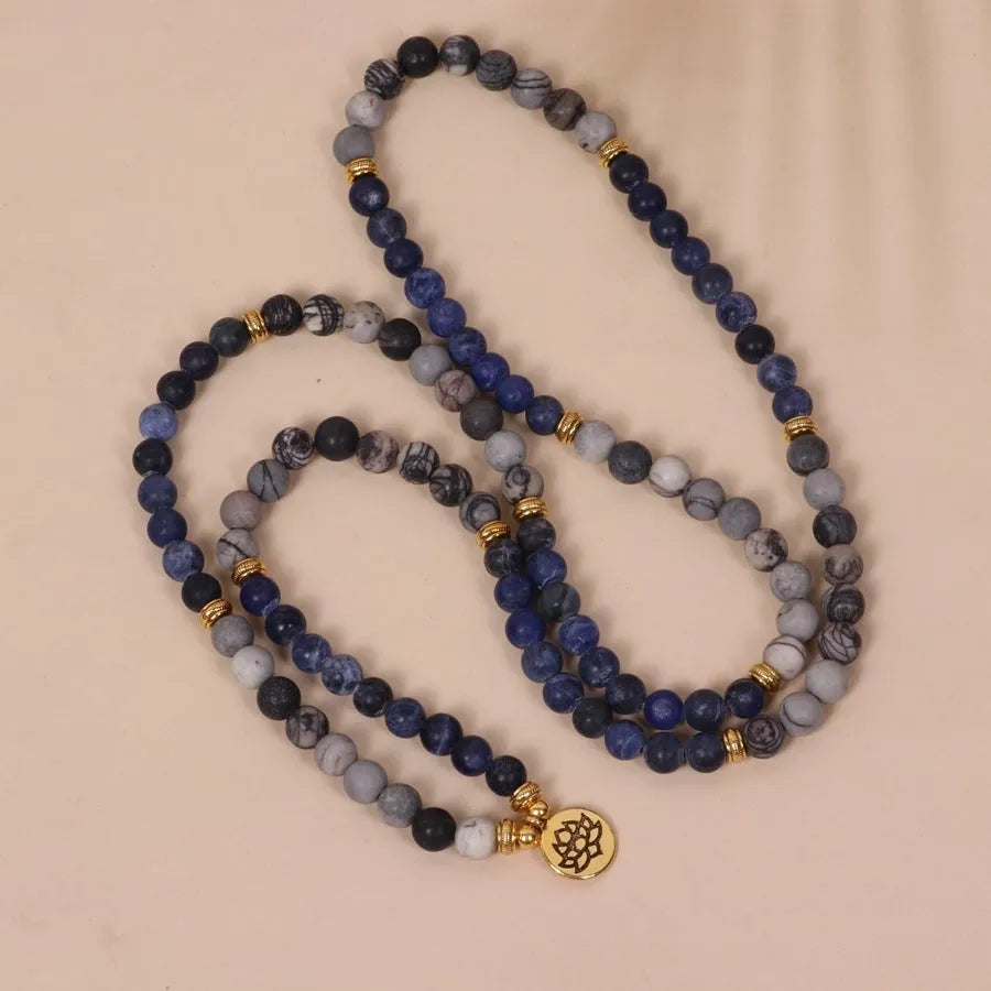 Blue patterned network stone bead multi layer bracelet with alloy components in fresh sweet style