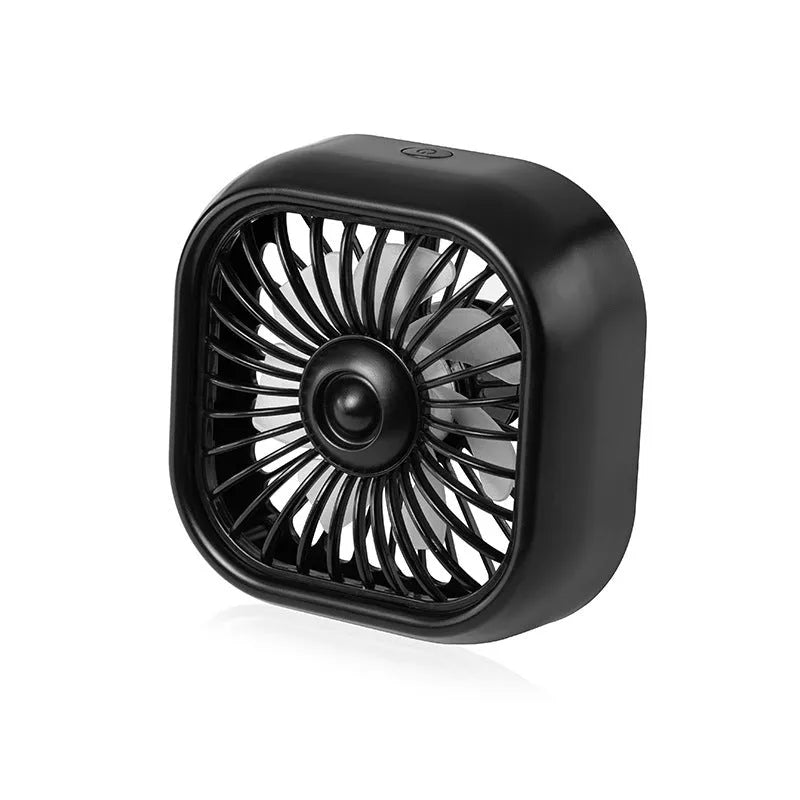 Black USB car fan with three speed buttons on compact base for vehicle ventilation