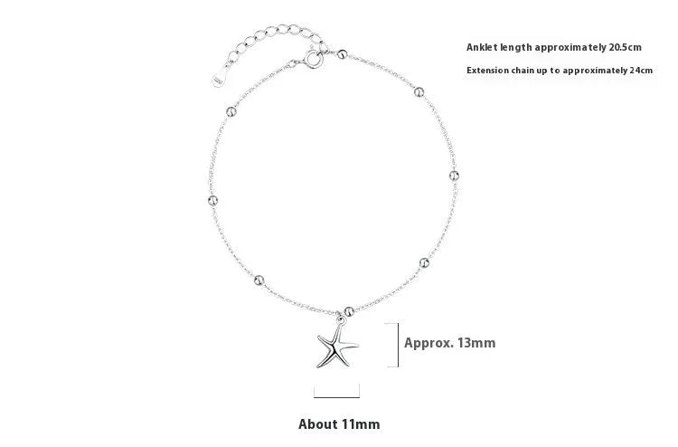 Sterling silver starfish anklet on adjustable beaded chain with lobster clasp