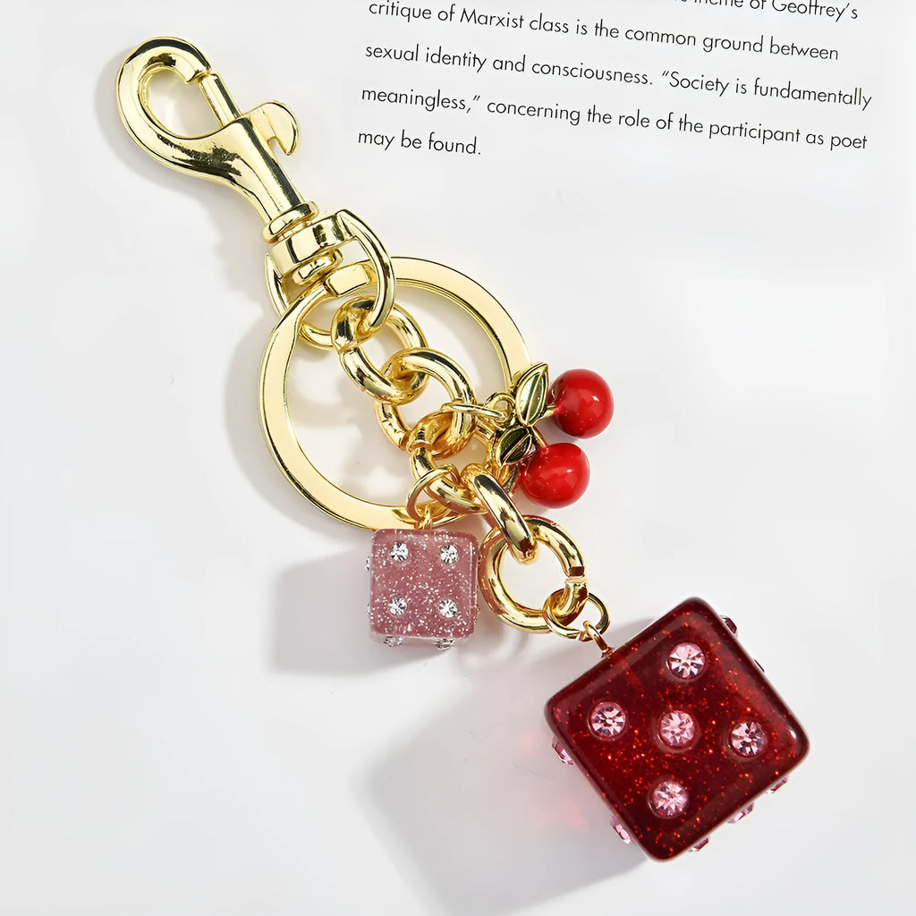 Square metal dice keychain pendant with cherry two-tone electroplated finish