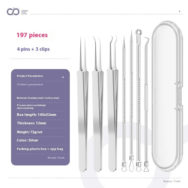 4-piece metal acne needle set with ultra fine pointed tips on silver background