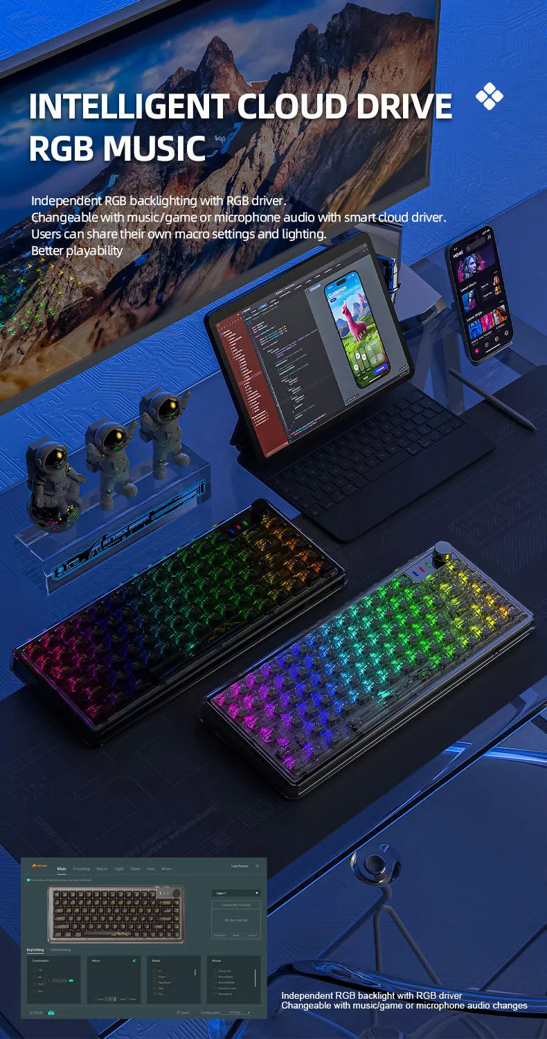 Attack Shark K75RGB wireless mechanical keyboard with transparent black case showing RGB backlighting