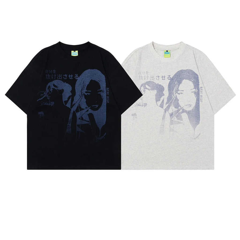 Men's grey retro character design cotton T-shirt with short sleeves and loose fit