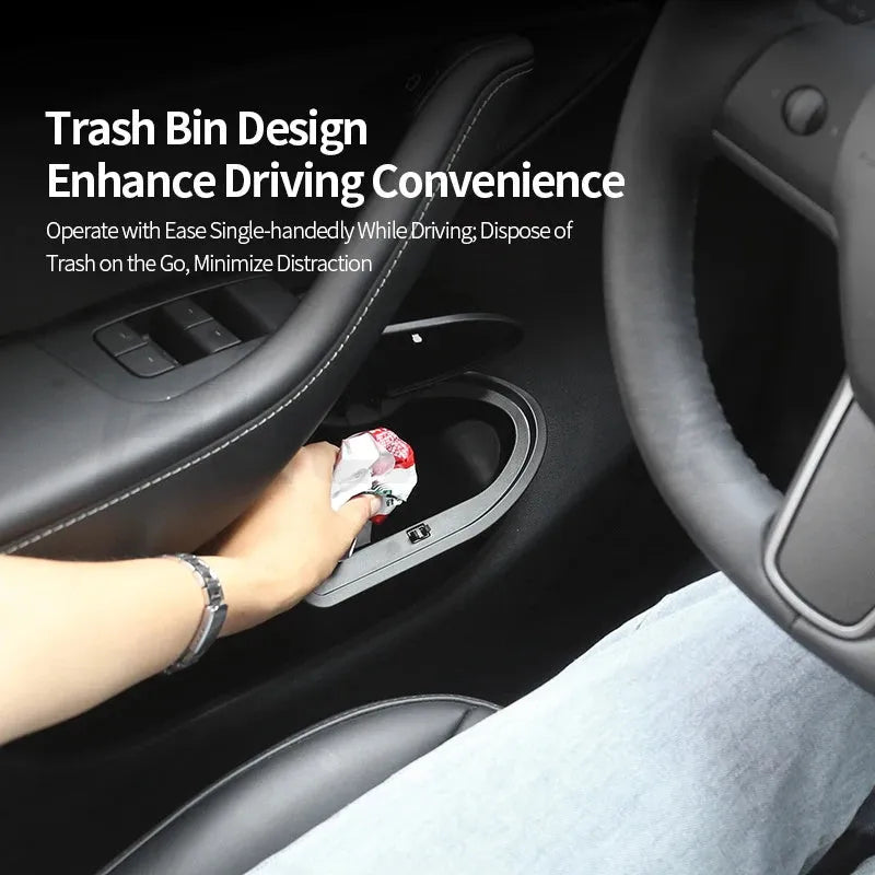 Two black ABS plastic car door storage bins designed for Tesla Model Y front compartments.