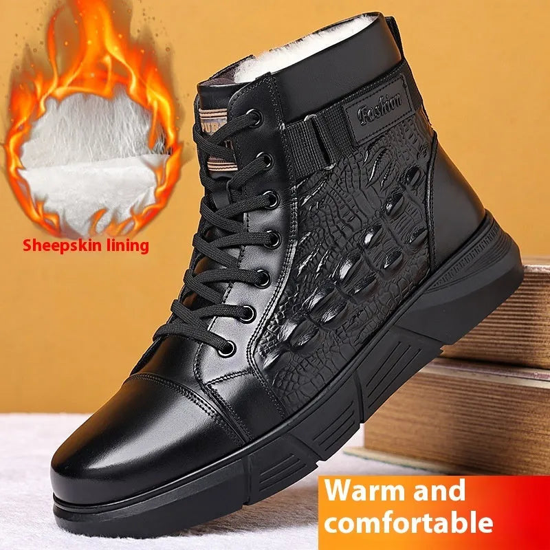 Genuine leather winter boots with fur trim and non-slip rubber sole in black or brown velvet colours