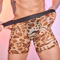 Men's leopard print boxer shorts in free size, made from nylon fabric.