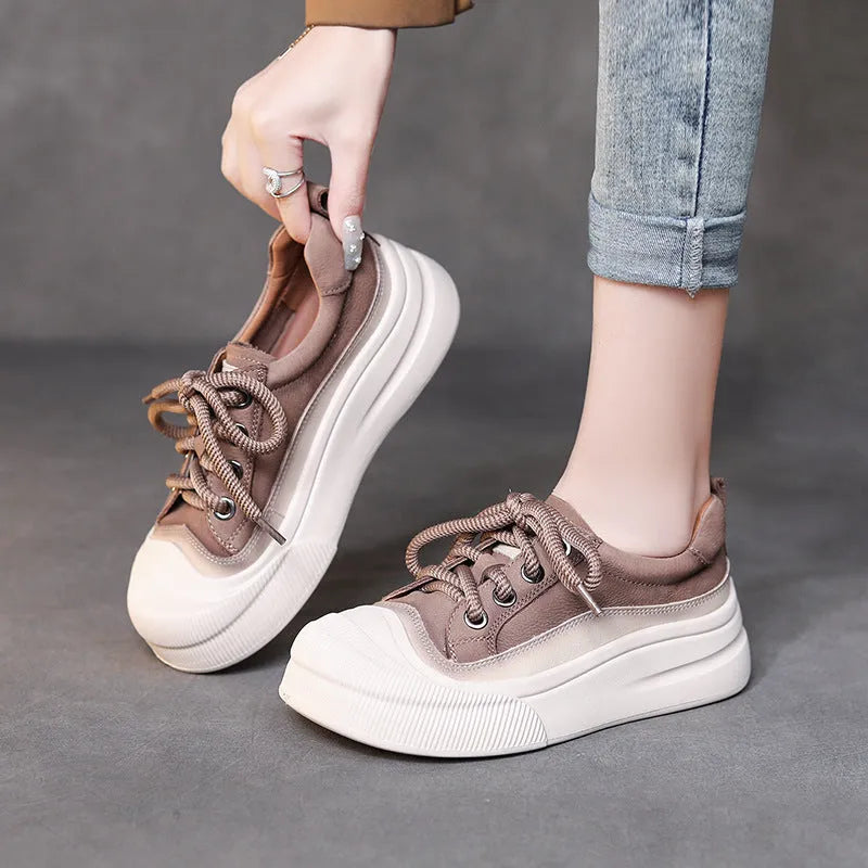 Women's yellow full grain cow leather lace-up casual shoes with round toe and rubber sole