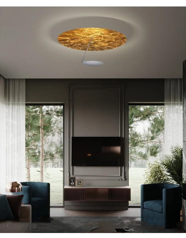 Iron ceiling lamp with integrated LED warm light in white or white gold colour, 50cm diameter.