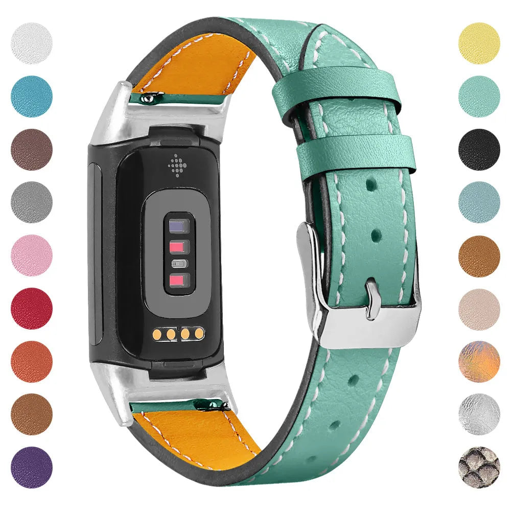 Genuine leather strap for Fitbit Charge 5 and Charge 6 smartwatch in multiple colour options.