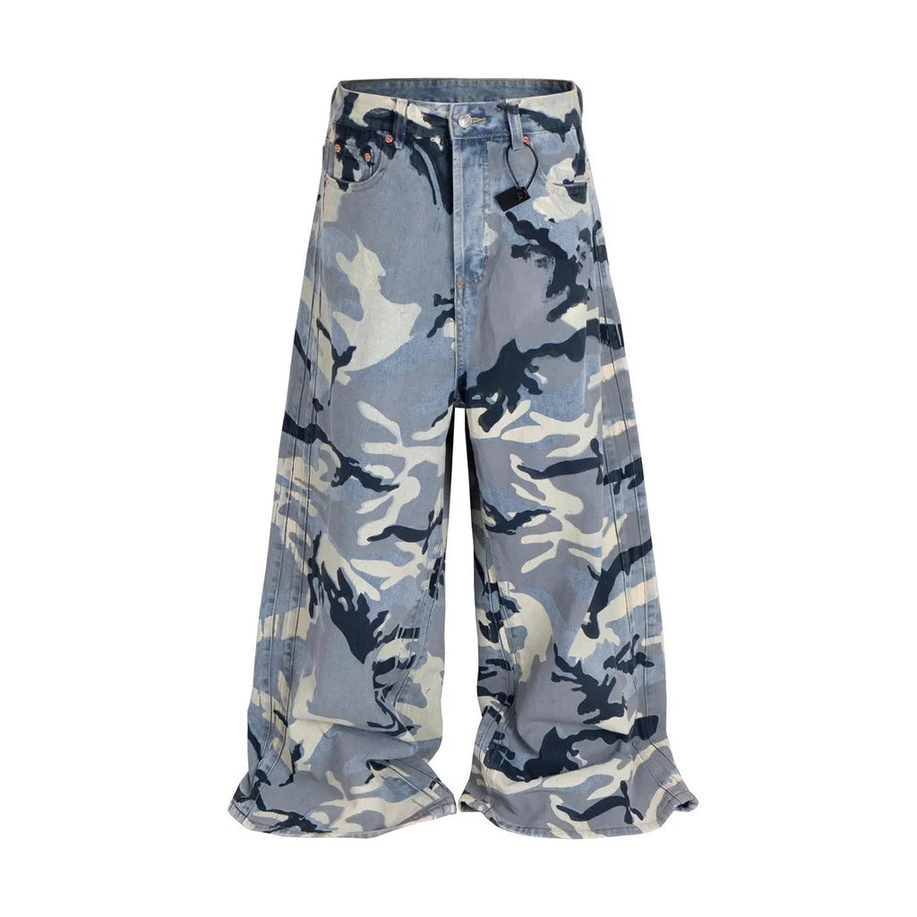 Snow camouflage blue jeans with loose fit and micro-elastic denim fabric