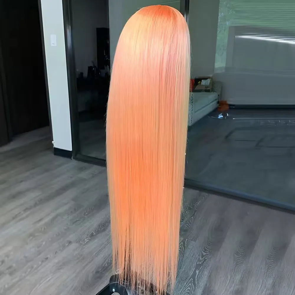 Light orange long straight synthetic wig with front lace and side bangs on display