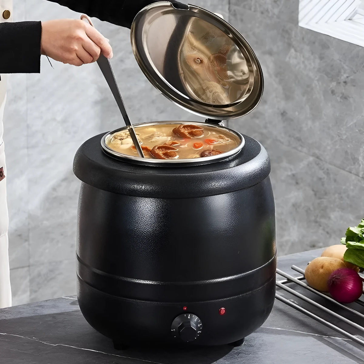 10L stainless steel insulation pot with black iron elements, steel lid and international adapter plug