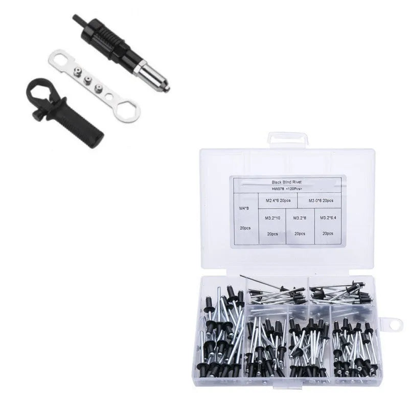 Black metal electric drill rivet gun attachment, 173mm long, with handle and four rivet heads.