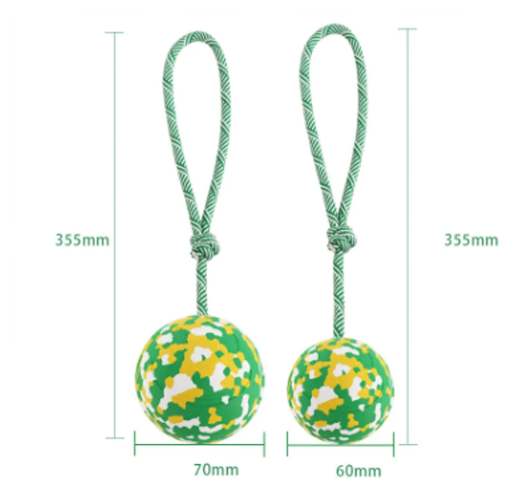 Dog rope ball toy with natural rubber ball and nylon rope in two sizes