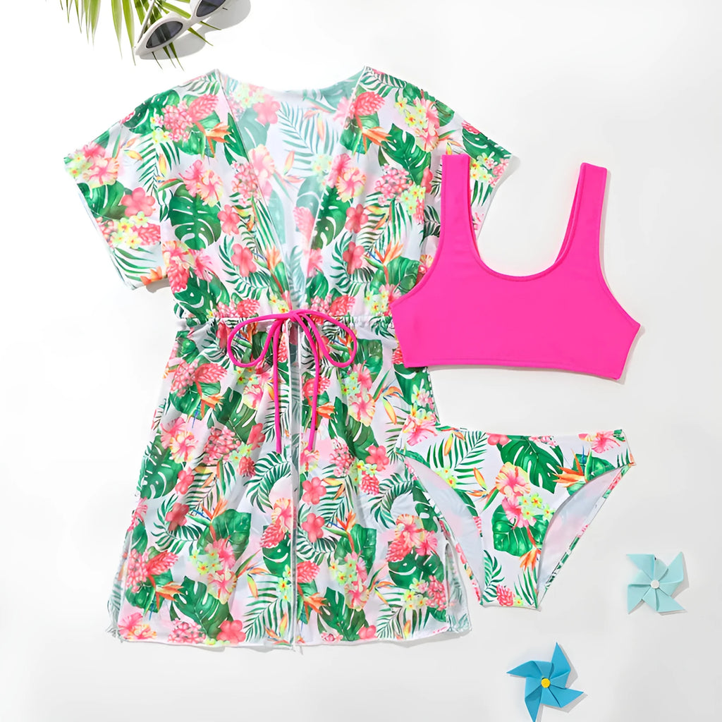 Girls floral two-piece swimsuit briefs in a Korean style, sizes 130cm to 160cm.
