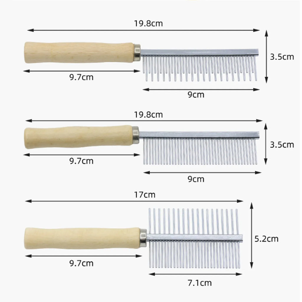 Wooden handle pet grooming comb for dogs and cats on a table.