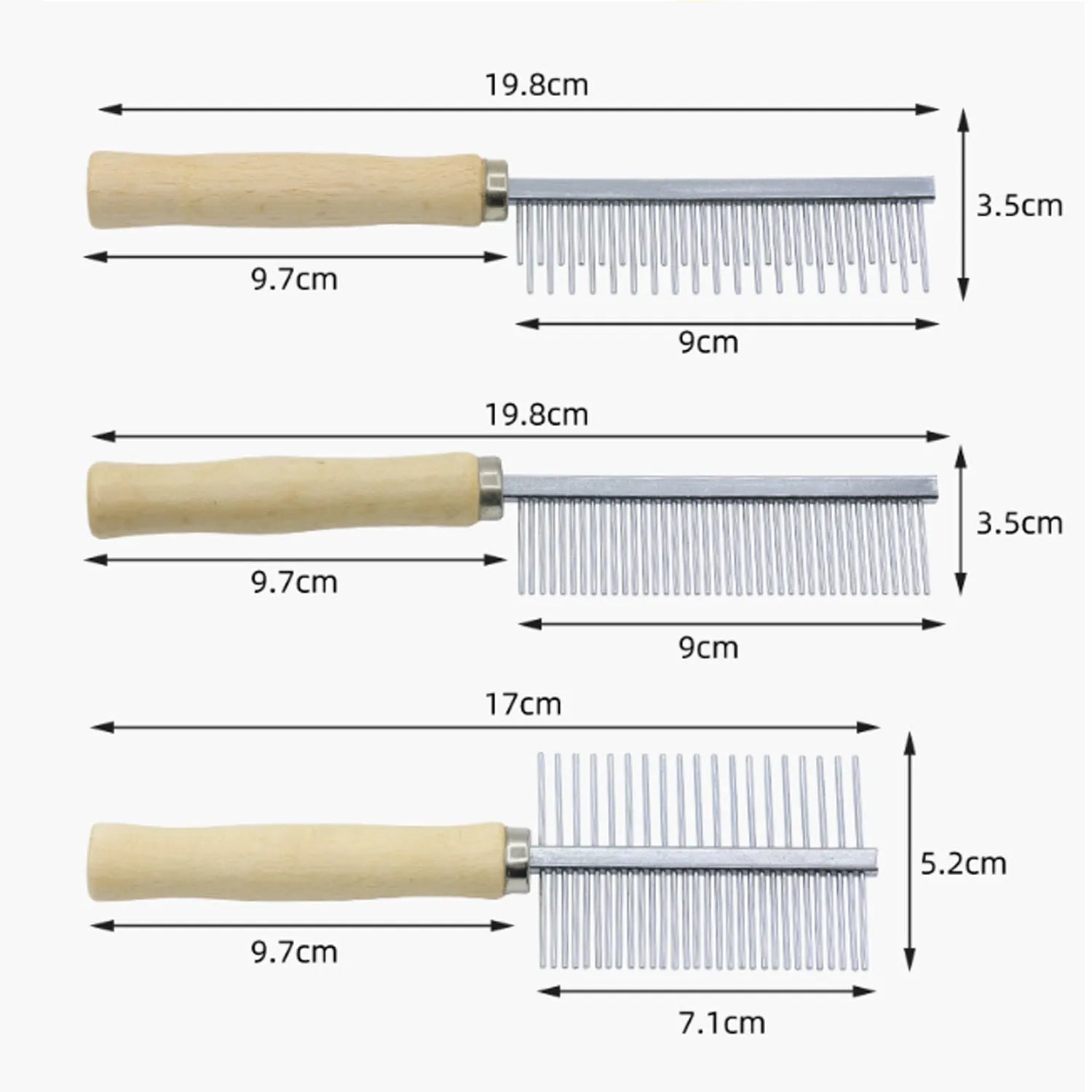 Wooden handle pet grooming comb for dogs and cats on a table.