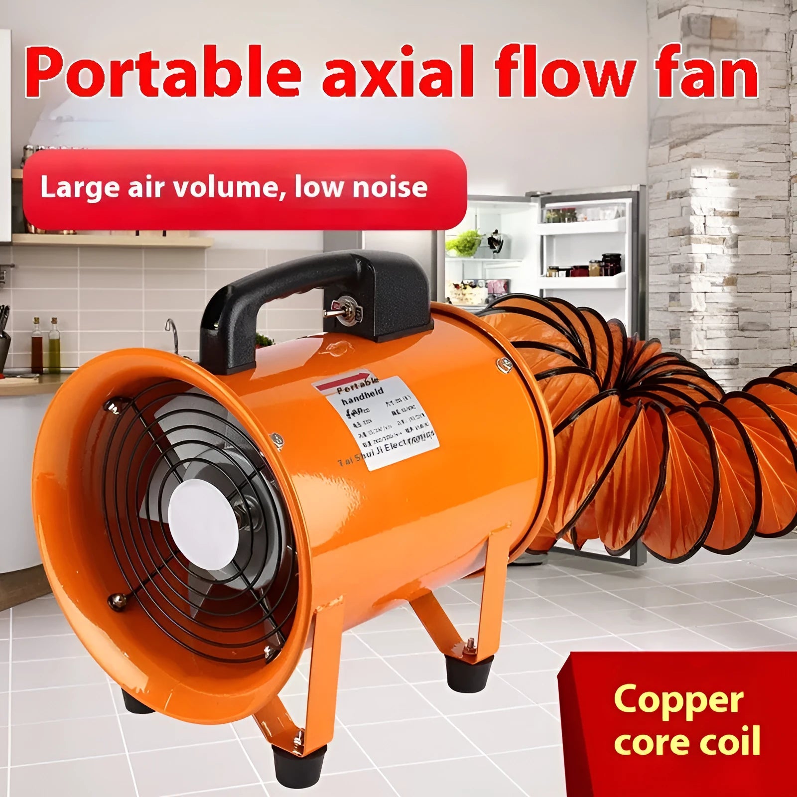 Portable industrial axial flow fan with titanium steel construction and seven blades.