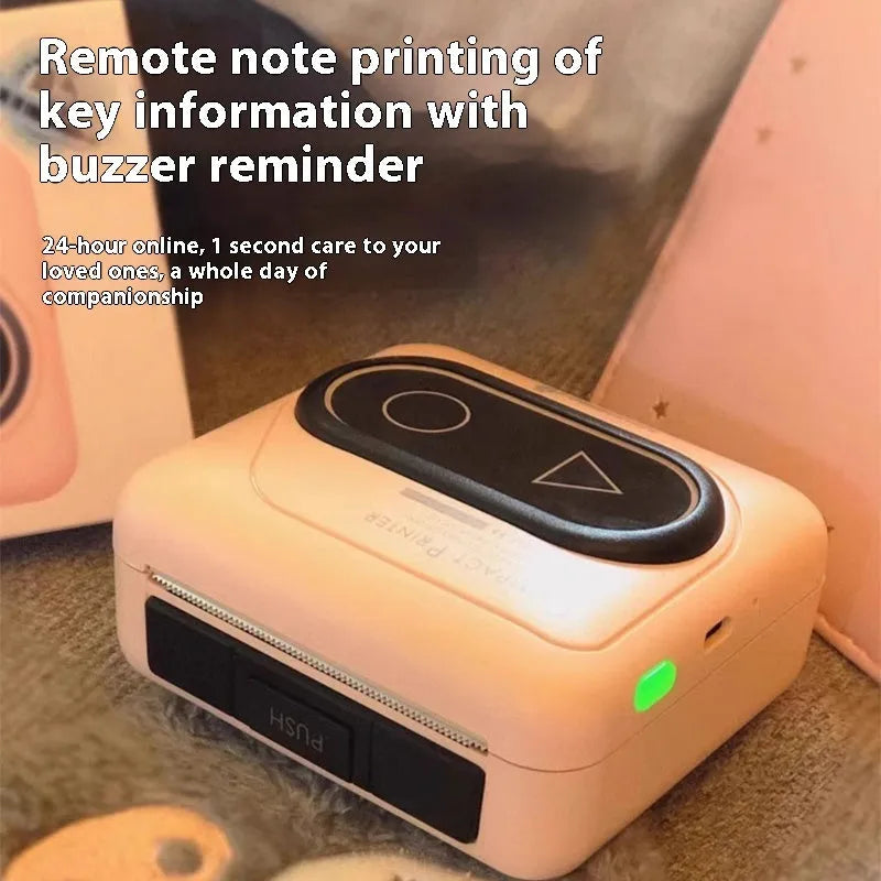 Compact Avocado Green Bluetooth mini thermal printer with charging cable and paper roll on a white surface.