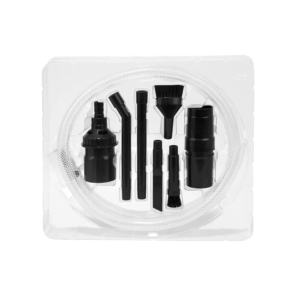 Eight small suction heads for vacuum cleaner arranged in set with bagged or boxed packaging options