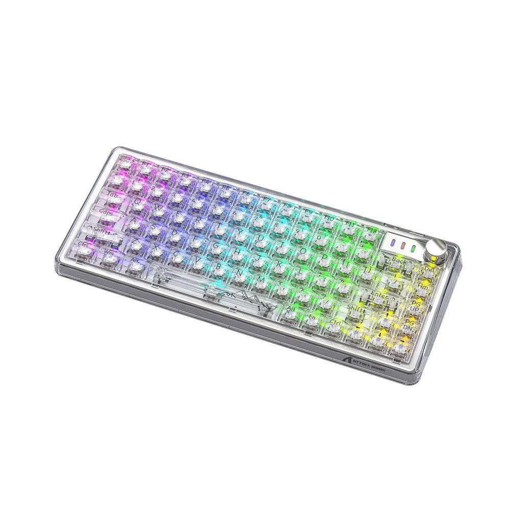 Attack Shark K75RGB wireless mechanical keyboard with transparent black case showing RGB backlighting