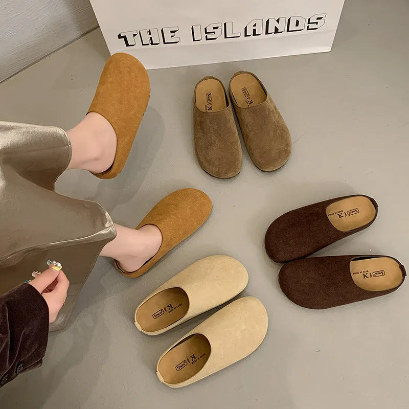 Korean-style flat slippers in apricot colour with microfiber upper and PU sole