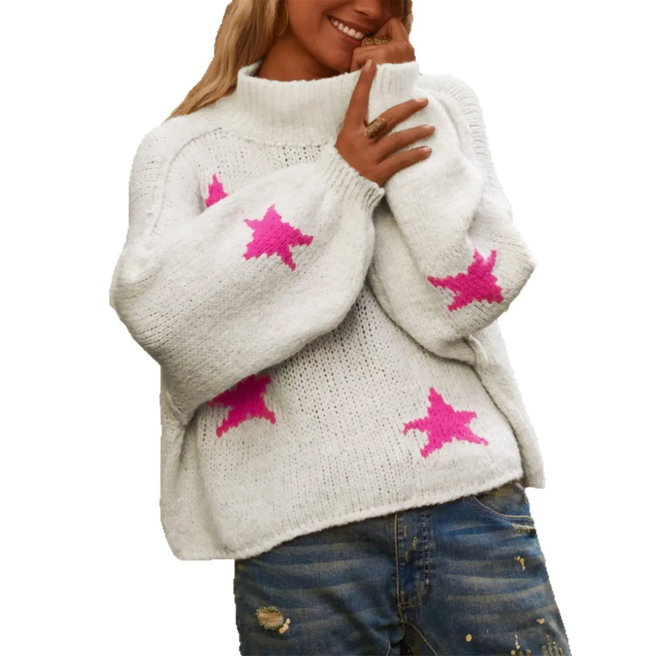 White women's loose turtleneck pullover with five-pointed star pattern in thick imitation velvet fabric