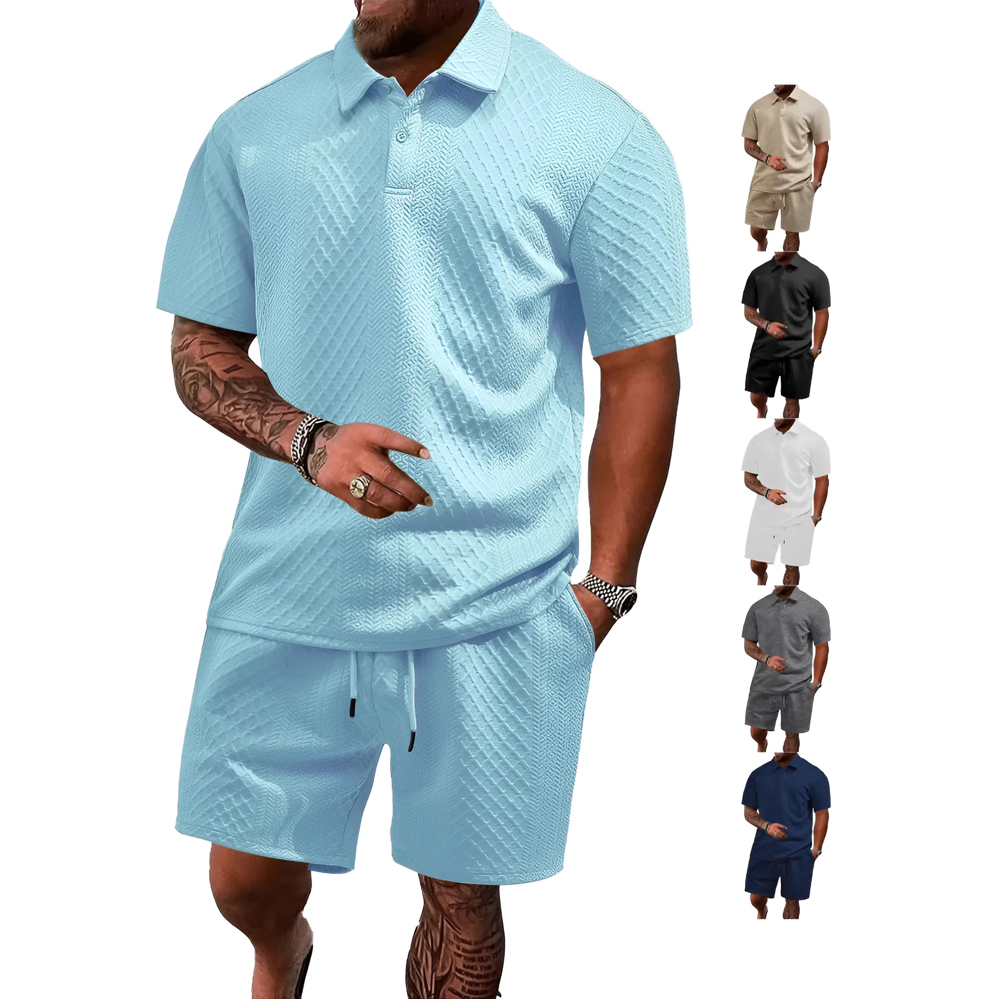 Men's casual two-piece short sleeve suit in figured cloth fabric showing polo shirt and trousers