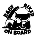 Black and white reflective Baby On Board car sticker shown at 14.5 by 15 cm size.