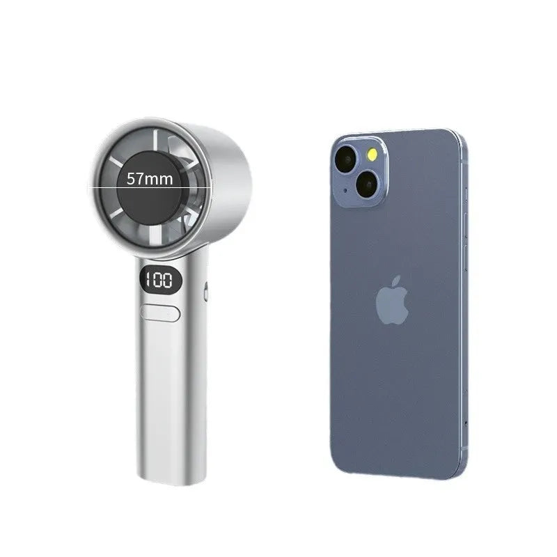 Handheld USB fan showing variable speed control and available in four colour options: green, khaki, silver, and white.