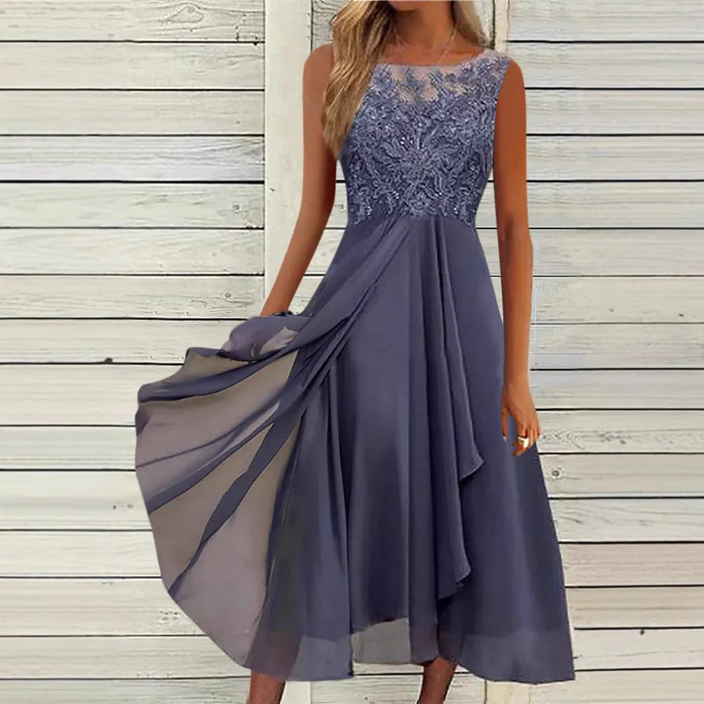Women's sleeveless chiffon dress with lace hollow-out stitching in princess style