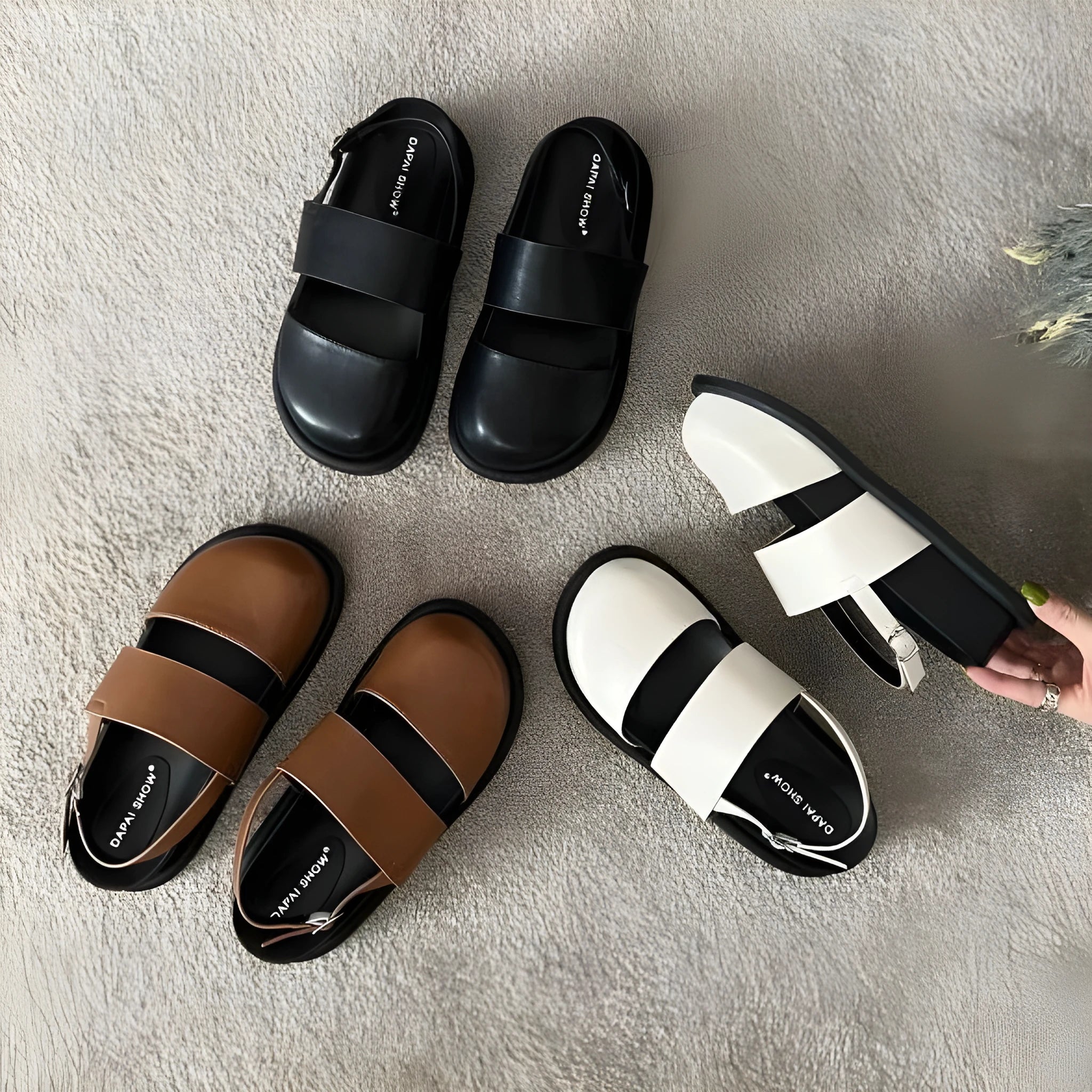 Retro women's closed toe sandals with an adjustable ankle buckle strap in apricot colour.