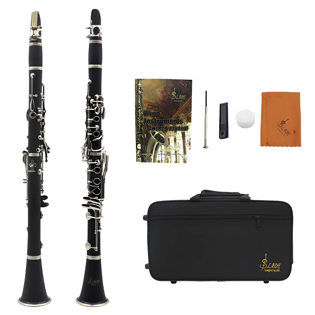 Black bakelite beginner clarinet with 17 nickel-plated keys next to its included carrying bag.